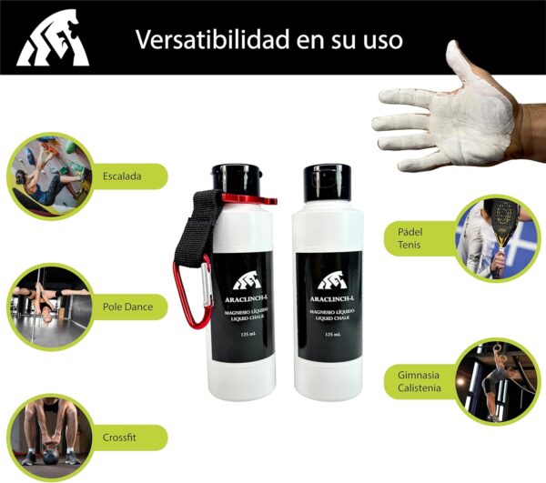 ARACLINCH-L – Magnesio líquido – 125 +125mL – Magnesio Escalada, Crossfit, Gimnasio, Calistenia, Pádel, Pole Dance – Agarre y Cuidado para Manos, con Aloe - Imagen 3