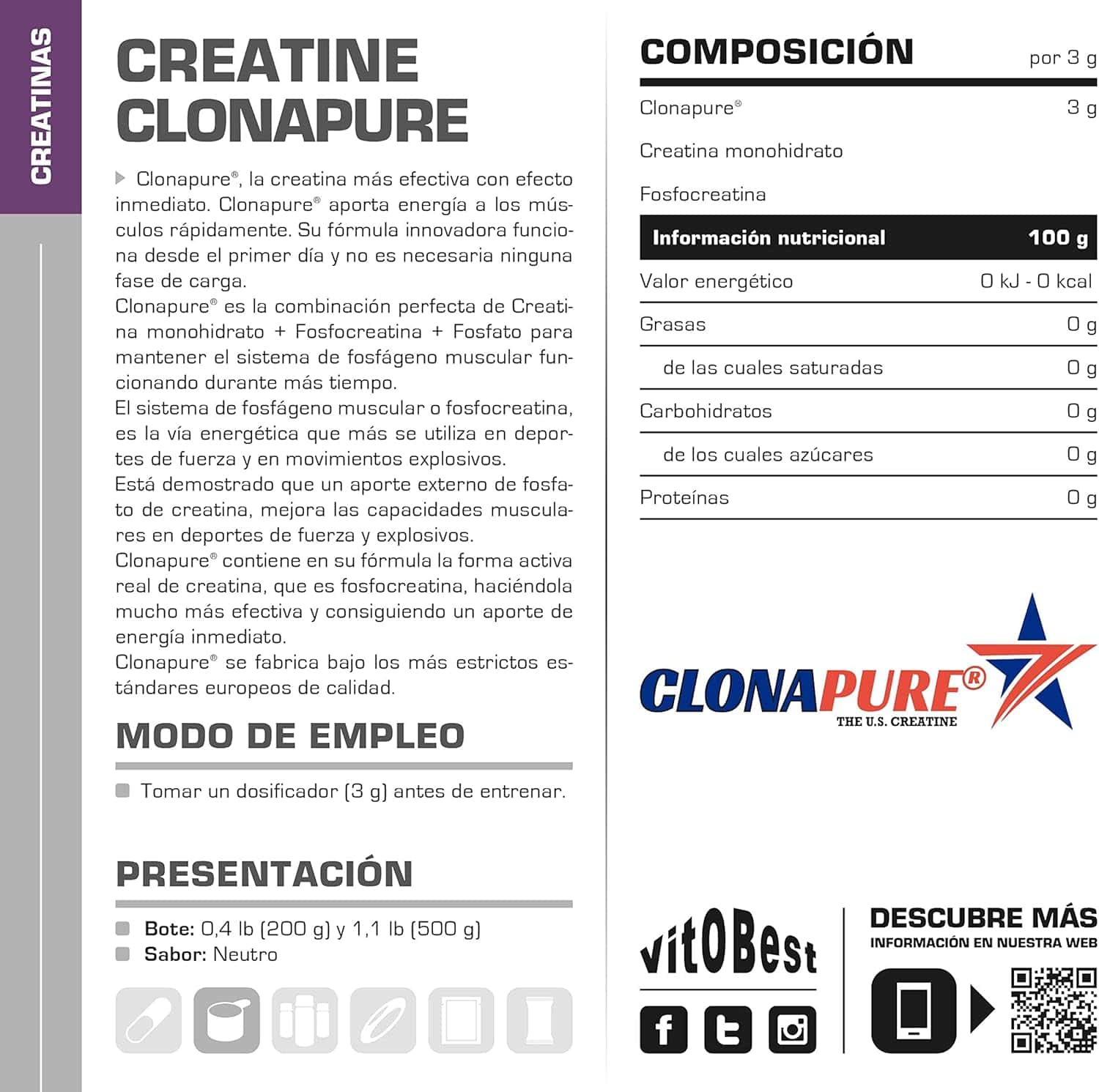 Creatina Clonapure® 500 g – Vitobest – Monohidrato + Fosfocreatina + ATP - Imagen 2
